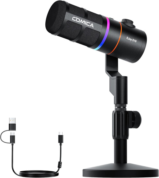 COMICA EJoy D10(D) USB Gaming Microphone – RGB Dynamic Mic with Noise Cancellation, XLR/USB-C, Real-Time Monitoring, Muting, Professional Studio Mic for Gaming, Streaming, Podcast, Recording (Black)