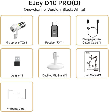COMICA D10 Pro D Wireless/XLR/USB Dynamic Microphone with Receiver Desktop Stand- Dual Channel Cardioid Mic, 45H Battery, RGB Lights, CalMix Denoise for Gaming/Streaming/PD(PC, PS4/5, Mac,Phone-White
