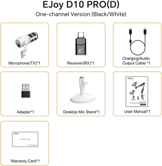 COMICA D10 Pro D Wireless/XLR/USB Dynamic Microphone with Receiver Desktop Stand- Dual Channel Cardioid Mic, 45H Battery, RGB Lights, CalMix Denoise for Gaming/Streaming/PD(PC, PS4/5, Mac,Phone-White