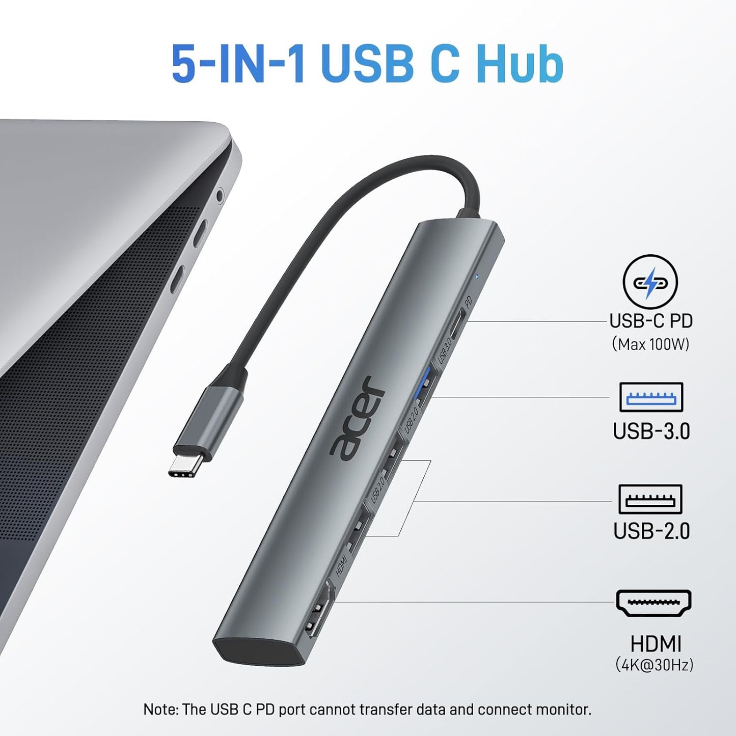 Acer 5 in 1 USB C Hub with 4K HDMI, 100W Power Delivery, 3 USB A Data Ports, USB C to HDMI Multiport Adapter for Laptop, PC, Tablet, MacBook Air, iPad Air, iMac, iPhone 15/16 Pro/Pro Max
