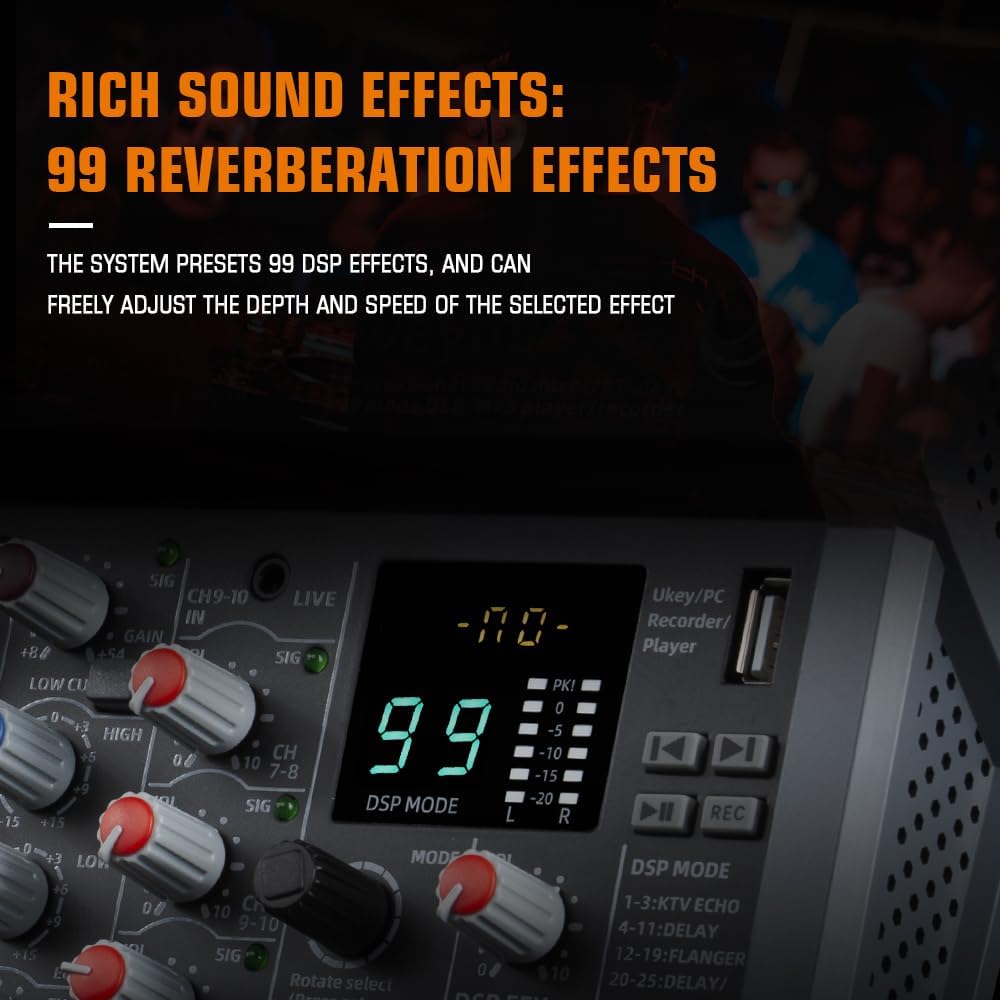 A-Series Professional Mixer for Recording DJ Stage Karaoke Music Application w/USB Drive for Computer Recording Input, XLR Microphone Jack, 48V Power, RCA Output for Professional (10-Channel)