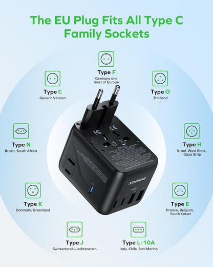 MOMAX Mini Universal Travel Adapter, GaN 70W International Power Adapter, 2 AC, 3 USB-C PD Fast Charging & 2 USB-A QC, Travel Essentials for All European Travel Plug Adapter UK AUS JP