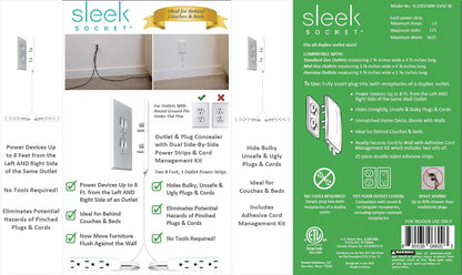 Sleek Socket Original & Patented Ultra-Thin Outlet Concealer with Cord Concealer Kit, Flat Extension Cord with Multi Outlets Power Strip, Ideal for Home Improvement, Hide Bulky and Messy Cords