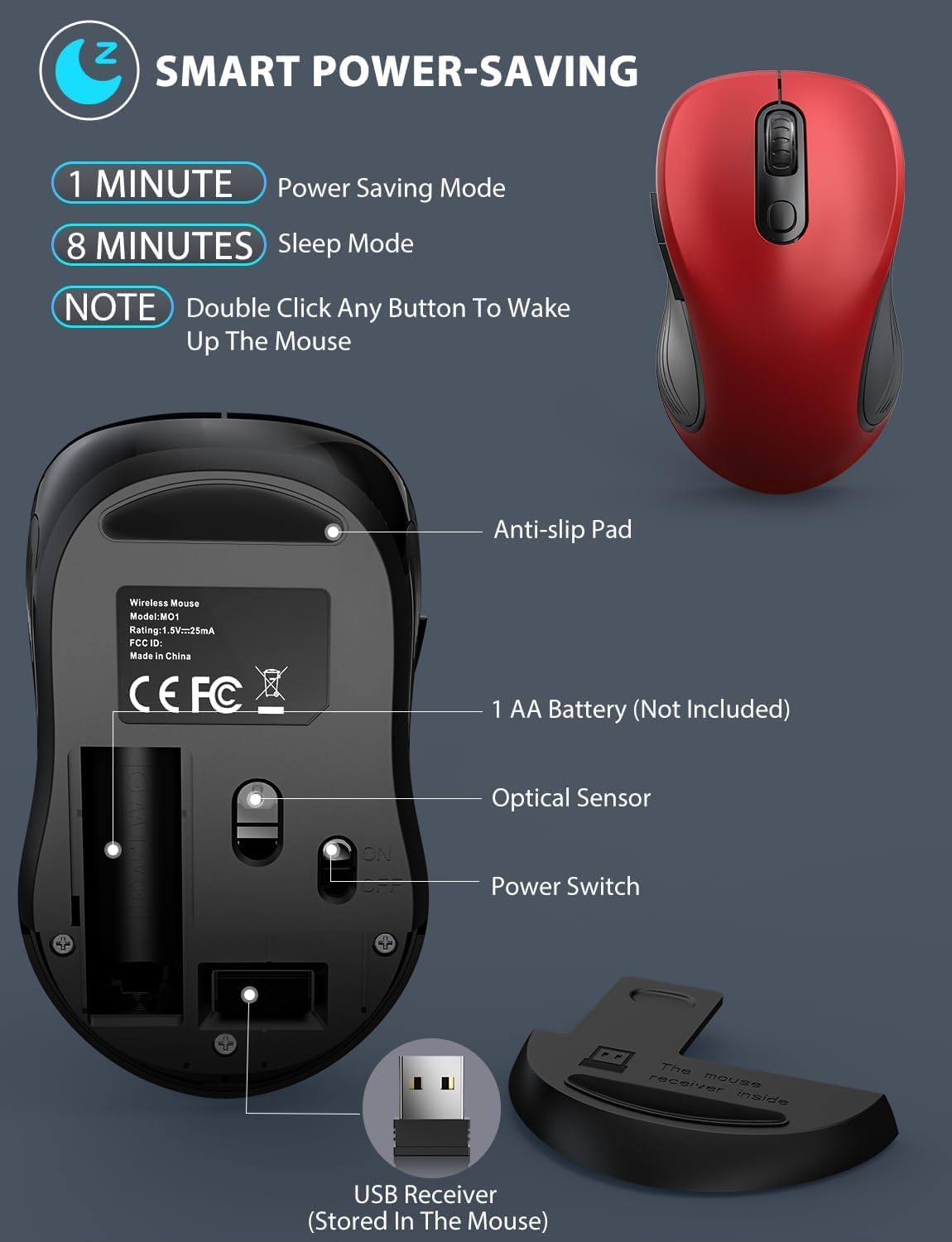 Trueque Wireless Mouse for Laptop, 2.4GHz Ergonomic Computer Mouse with Back & Forward Buttons, 3 Adjustable DPI Levels, 6 Buttons, Optical USB Cordless Mice for Windows Chromebook MacBook PC (Red)