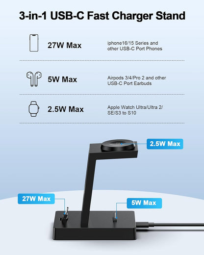 30W Fast 3 in 1 Charging Station for Apple Devices - ADADPU USB C Charger Stand for iPhone 16 15 Pro Max Plus & AirPods 4, Wireless Charger Dock Compatible with Apple Watch Ultra/10/9/8/7/6/5/4/3/2/SE