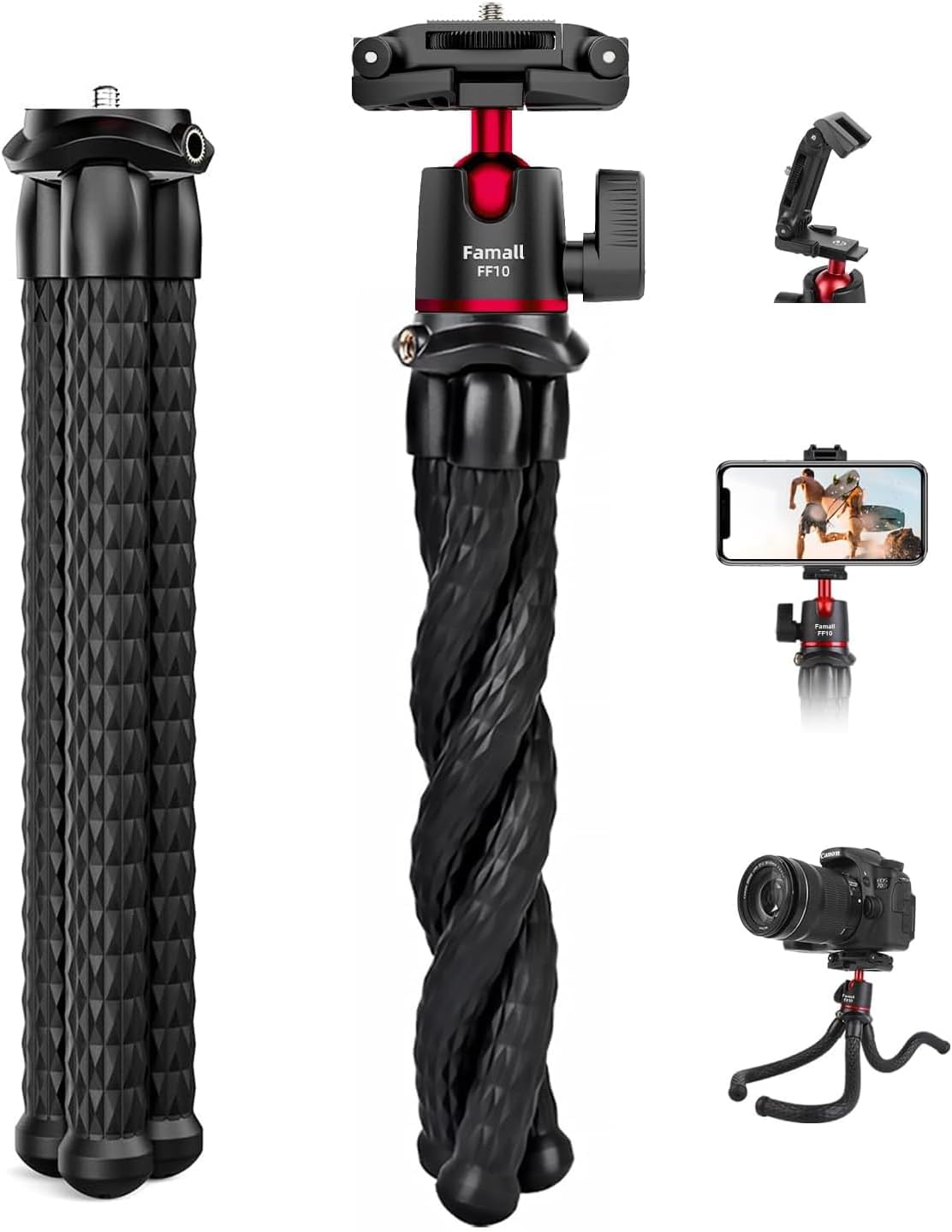 Camera Tripod, Famall Flexible Tripod Stand for Phone with Cold Shoe Phone Mount for iPhone Canon Nikon Sony Cameras