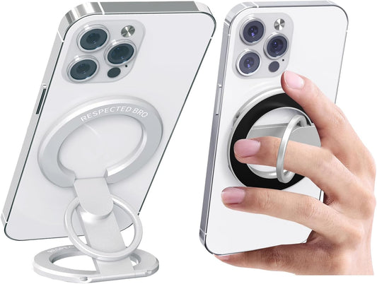 Magnetic-Phone-Ring-Holder with Dual Rings, Compatible with iPhone 16/15/14/13/12, Multifunctional Stand for Desk,Office,Gym,Kitchen & All Metal Surfaces, Finger Loop Grip (Silver)