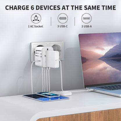 EPICKA Universal Travel Adapter, GaN International Plug Adapter with 3 USB-C 70W PD Fast Charging & 2 USB-A Adaptor All-in-one Wall Charger for USA EU UK AUS (TA-105 Pro, White)