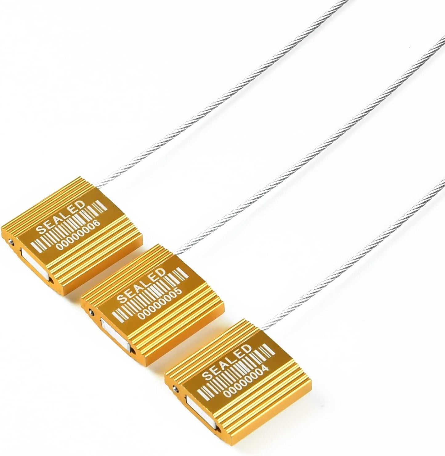 100 Yellow Steel Cable Seals with Barcode, ISO 17712 Security Seals: Truck Seal, Anti-Tamper Pull Tite Tags, Self-Locking Safety Ties