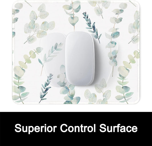 ITNRSIIET Mouse Pad with Stitched Edge Premium Textured Smooth Precise Operation Waterproof Washable Non-Slip Rubber Base Desktop Protection Mat, 10.2×8.3×0.12 inches, Eucalyptus Branches