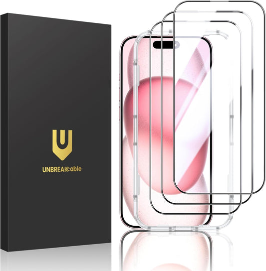 UNBREAKcable 3-Pack Screen Protector for iPhone 15, Double Shatterproof Tempered Glass [Easy Installation Frame] [99.99% HD Clear] [9H Hardness] [Full Coverage] [Case Friendly] for iPhone 6.1 inch