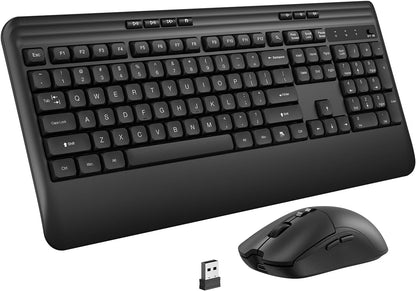 Wireless Keyboard and Mouse Set with Quiet Keys, 2.4G Full Size Ergonomic Keyboard with Wrist Rest, Protective Covers, Soft Touch Silent Design for Windows, Computer, PC and Laptop