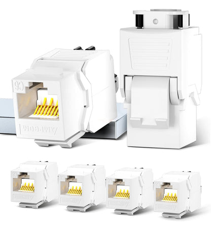 AMPCOM CAT6 RJ45 Keystone Jack - Reusable UTP Ethernet Wall Jack with Adjustable Ratchet Lock Design, No Tool and Zip Tie Required - 50u Gold Plated - White (6-Pack)