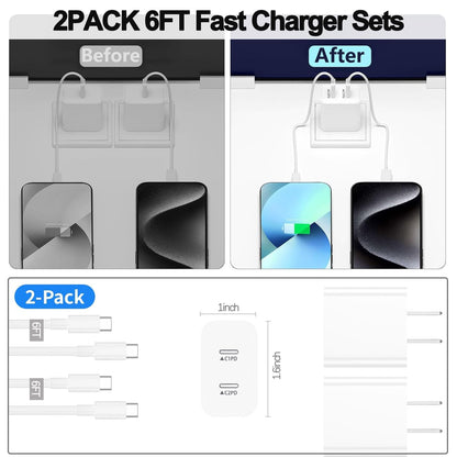 iPhone 16 15 Charger,USB C Charger Fast Charging,2Pack Dual Port Fast Wall Chargers Block with 6FT USB C to C Cable for iPhone 16e/16 Pro Max/16 Pro/16 Plus/15 Pro Max/15/iPad Pro/Air/Mini/AirPod