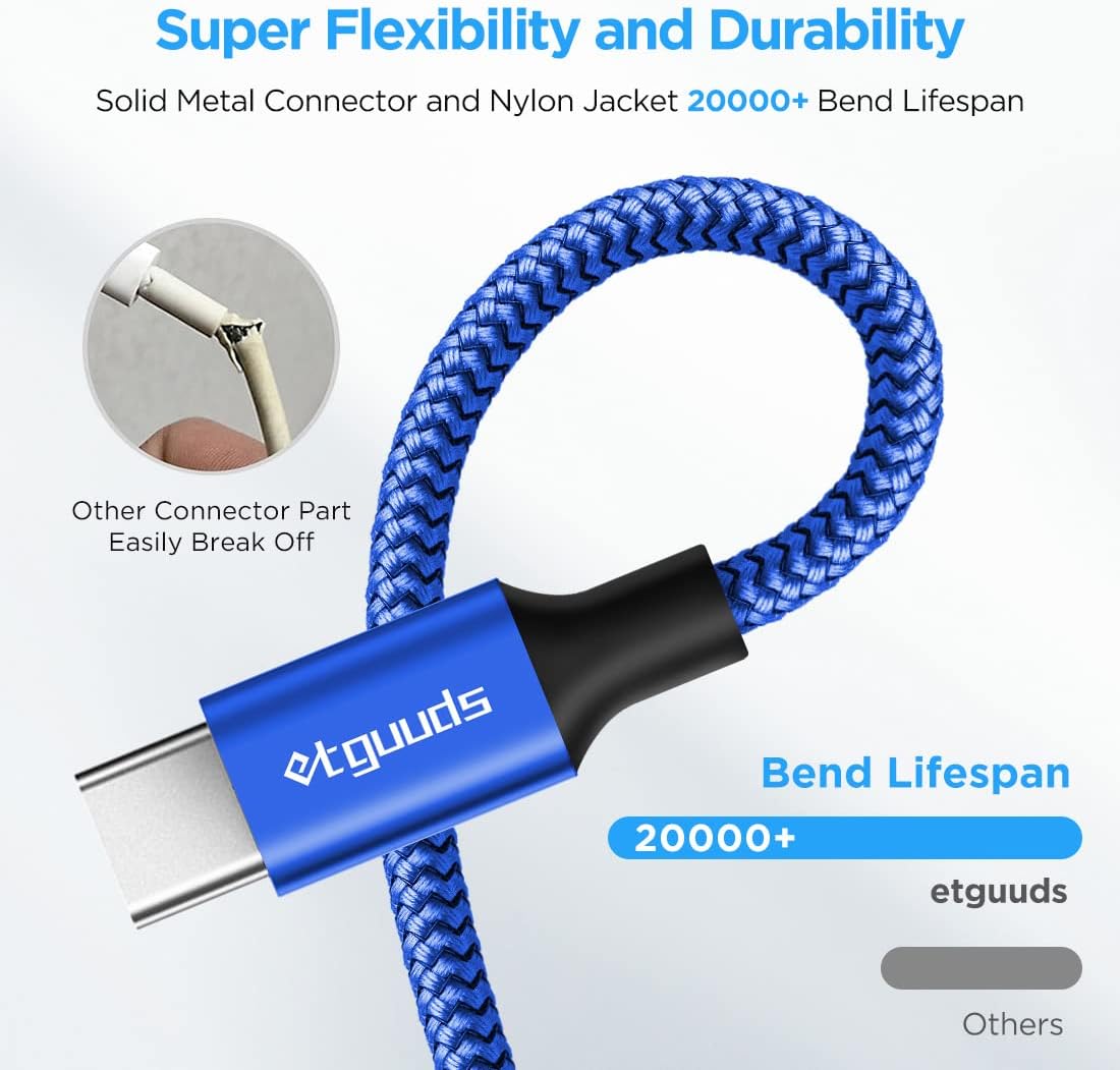 etguuds 6ft USB A to USB C Cable 3A Fast Charging, 2-Pack USB A to USB Type C Charger Cord for iPhone 16 15 Pro/Pro Max/Plus, for Samsung Galaxy S24 S23 S22 S21 S20 S10 A55 A54 Flip Note, Moto, Blue