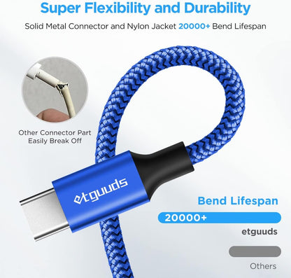 etguuds 6ft USB A to USB C Cable 3A Fast Charging, 2-Pack USB A to USB Type C Charger Cord for iPhone 16 15 Pro/Pro Max/Plus, for Samsung Galaxy S24 S23 S22 S21 S20 S10 A55 A54 Flip Note, Moto, Blue