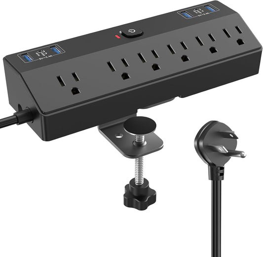 Desk Clamp Power Strip with 40W Fast Charging Station, JXGUCAT Removable Desk Clamp Mount Power Strip Surge Protector, 2 USB-C Ports, 6 AC Outlets and 10ft Cord, Fits 1.8" Tabletop Edge