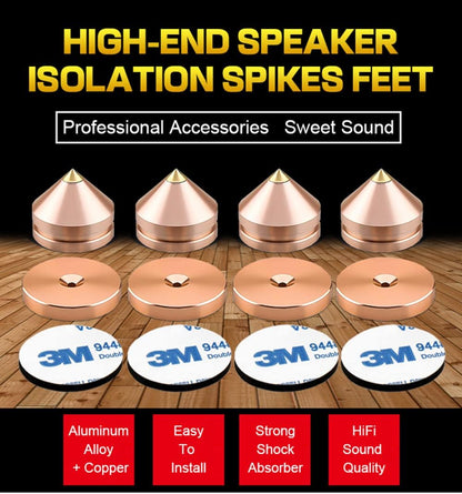4Pcs Speaker Spikes Floor Protectors Shockproof Speaker Isolation Spikes with Base Pad for Speaker,Subwoofer,Amplifier,Turntable,Recorder CD DAC with 3m Adhesive (Gold)