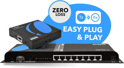 OREI 1080P 1x8 HDMI over Ethernet Extender Splitter CAT6/7 Over Cable Full HD with IR Remote EDID Management - Up to 400 Ft - Low Latency - Full Support, 1x8 upto 395 FT (HD-EX108)