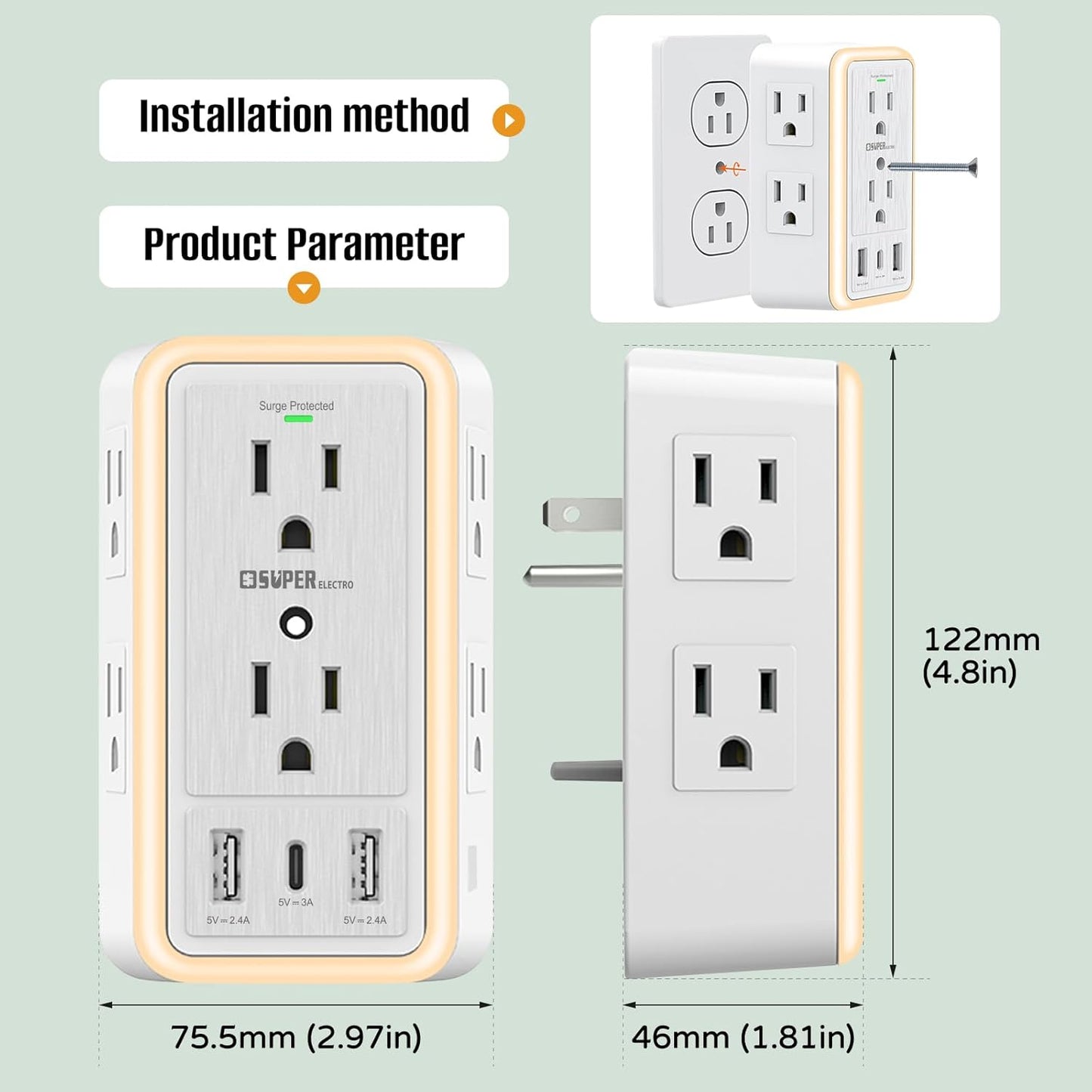 USB Wall Charger Surge Protector, Super Electro 6 Outlet Extender with 3 USB Charging Ports (5V 3.4A Total) and Night Light, 3-Sided 1500J Multi Plug Wall Outlet for Home, Office, ETL Listed