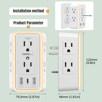 USB Wall Charger Surge Protector, Super Electro 6 Outlet Extender with 3 USB Charging Ports (5V 3.4A Total) and Night Light, 3-Sided 1500J Multi Plug Wall Outlet for Home, Office, ETL Listed