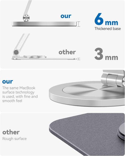 360 Rotating Phone Stand for Desk, Dual-Adjustable Foldable Aluminum Desktop Phone Holder Compatible with iPhone 16 15 14 13 12 11 Series, iPad-Mini, 4-8" All Phones (Silver)