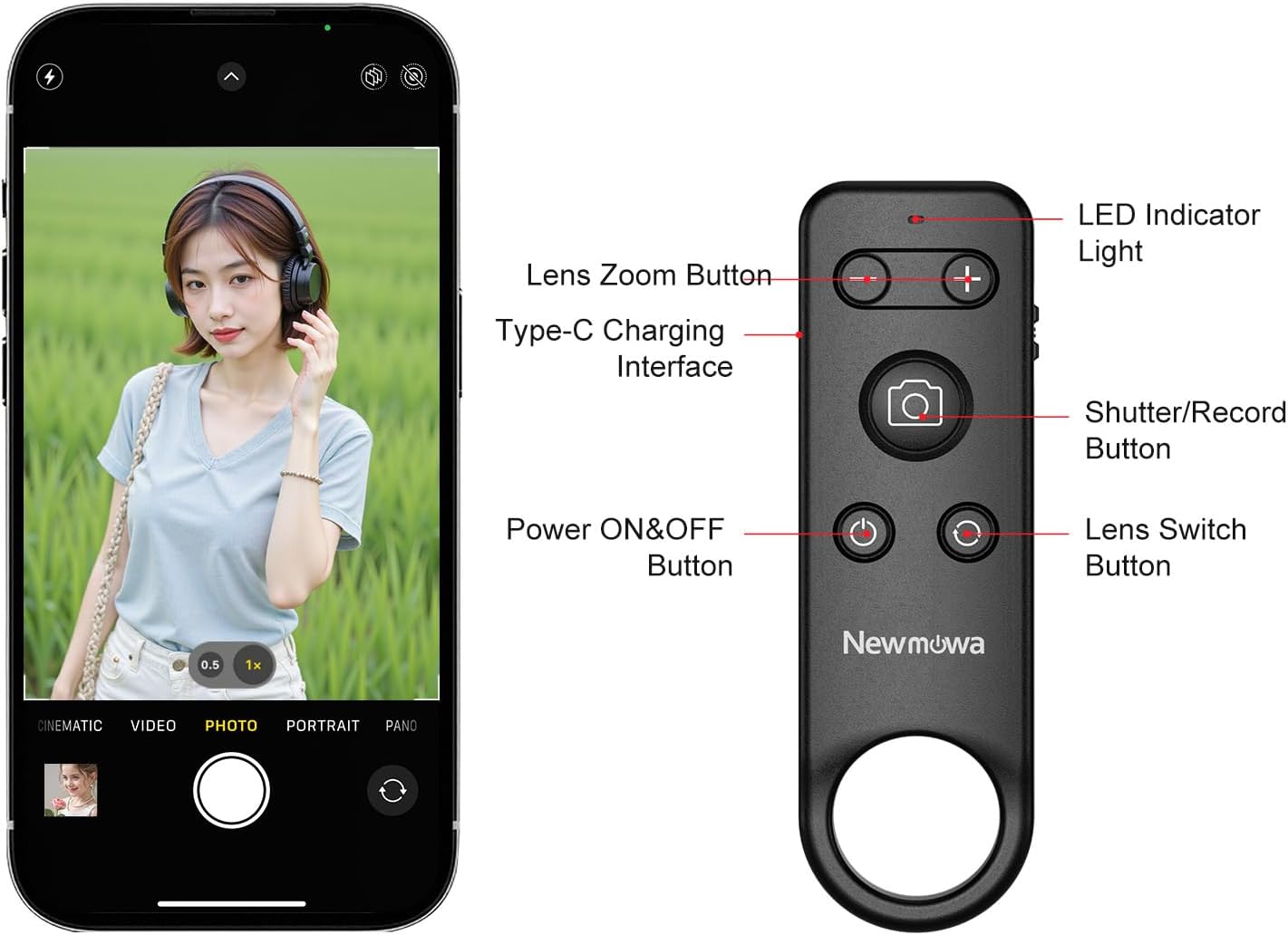 Newmowa Phone Wireless Bluetooth Remote Control, Support Video Photo Shooting/Zooming/Lens Switching, Rechargeable Remote Shutter for Selfie Vlog, ONLY Compatible with iPhone(iOS 15 Above)