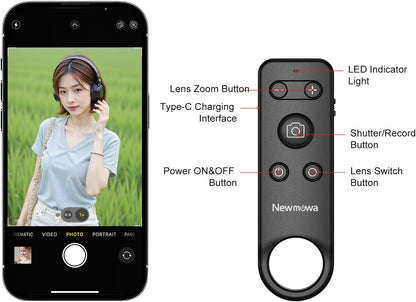 Newmowa Phone Wireless Bluetooth Remote Control, Support Video Photo Shooting/Zooming/Lens Switching, Rechargeable Remote Shutter for Selfie Vlog, ONLY Compatible with iPhone(iOS 15 Above)