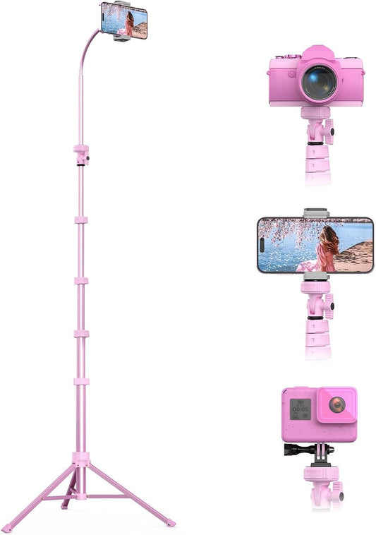 UBeesize 88’’ Flexible Phone Tripod with 14.95’’ Gooseneck, Remote and Phone Holder, Overhead Cell Phone Stand＆Selfie Stick for Video Recording, Compatible with iPhone Android Phone, Camera Pink