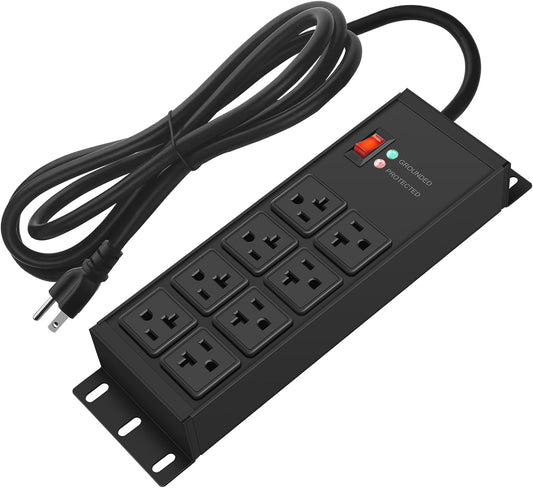CCCEI Black Heavy Duty Power Strip Surge Protector 20 AMP, 8 Outlets 12 Gauge Industrial Shop Garage Metal Multiple Outlets, 15 FT Extension Cord 5-15P Adapter High Amp 6-20R T-Slot 20a for Appliance