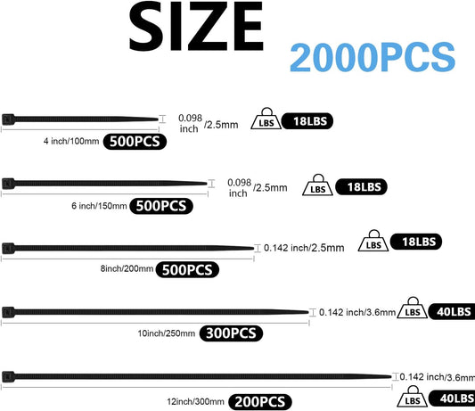 2000 PCS Zip Ties Assorted Sizes 4+6+8+10+12 Inch Self-locking Nylon Cable ties Outdoor, UV Resistant Wire Straps for Home Office Garden Workshop Indoor Outdoor Fence(garden green)