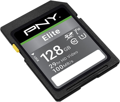 PNY 128GB Elite Class 10 U1 V10 SDXC Flash Memory Card - 100MB/s, Class 10, U1, V10, Full HD, UHS-I, Full Size SD (Pack of 1)