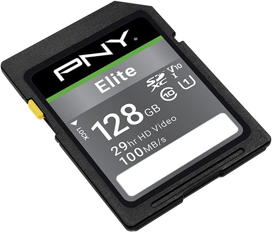 PNY 128GB Elite Class 10 U1 V10 SDXC Flash Memory Card - 100MB/s, Class 10, U1, V10, Full HD, UHS-I, Full Size SD (Pack of 1)