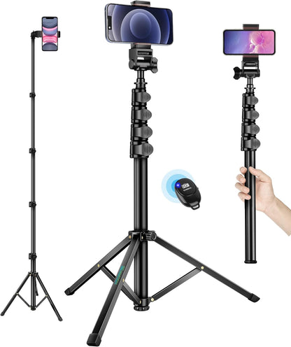 Phone Tripod, 70" Selfie Stick Tripod Stand Cell Phone Tripods with Remote Phone Holder Carry Bag, Aluminum Alloy Selfie Stick Tripods, Compatible with iPhone Samsung GoPro Smartphone