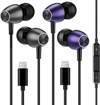 Keyron Lightning Headphones for iPhone [MFi Certified],Wired Earbuds with Built-in Microphone & Volume Control, Earphone Compatible with iPhone 14/13/12/11/XR/XS/X/8/7/SE/Pro/Pro Max, Black/Purple,2Pc