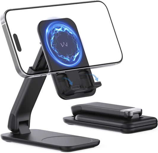 iWALK Magnetic Cell Phone Stand for Desk, Angle and Height Adjustable Mobile Phone Holder, Foldable Magnet Stand for iPhone 16 15 14 13 12 Pro Max and iPad, Cell Phone Holder for Samsung Galaxy, Black