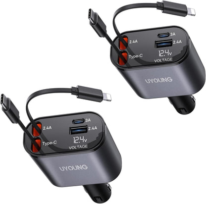 Car Phone Charger Adapter 2Pack Retractable Car Charger 4in1 Fast Charging Dual Retractable Cables 31.5 Inch Multiple Ports Charging Station Compatible with iPhone 16/15/14/13/12/11 Pro Max/Samsung
