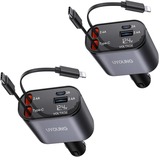 Car Phone Charger Adapter 2Pack Retractable Car Charger 4in1 Fast Charging Dual Retractable Cables 31.5 Inch Multiple Ports Charging Station Compatible with iPhone 16/15/14/13/12/11 Pro Max/Samsung