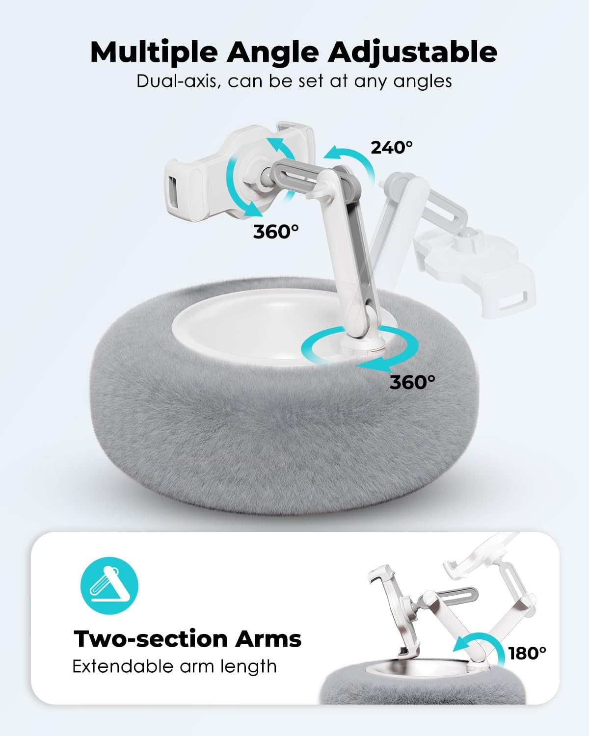 Viozon Tablet Stand Pillow, Compatible with 4.7"-13" Phone/Tablet, iPad, iPhone, Samsung, Google, Kindle, 360°Adjustable Phone Holder for Bed with Soft Plush Fabric, and Detachable Bowl, Grey