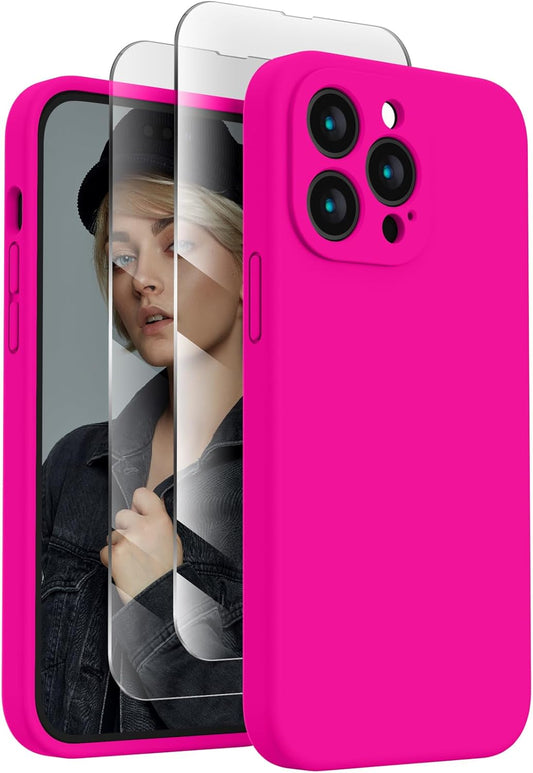 FireNova for iPhone 14 Pro Case, Silicone Upgraded [Camera Protection] Phone Case with [2 Screen Protectors], Soft Anti-Scratch Microfiber Lining Inside, 6.1 inch,Hot Pink