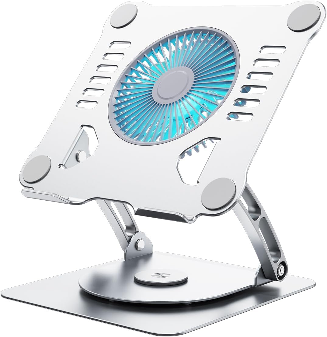 SHUWEI 360° Rotating Laptop Cooling Stand with 3 Speed Fan, Adjustable Height Laptop Stand for Desk, Ergonimic Aluminum Laptop Cooling Pad for 10-15'' Notebook - Silver