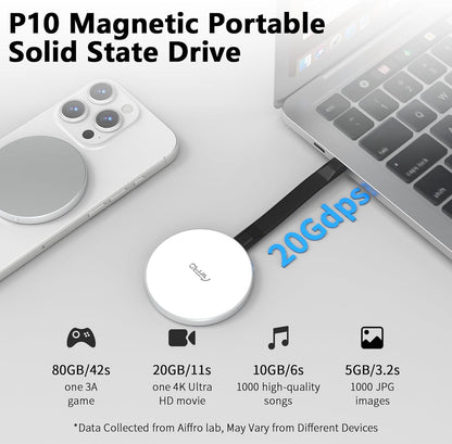 P10 Magnetic PSSD ，For iphone MagSafe Portable SSD, Upto 2000MB/s-Type-C, SM2320，USB 3.2 Gen 2x2 20Gbps, Connectivity, Updated Firmware - Portable Magnetic External Solid State Solution (Black-2T)