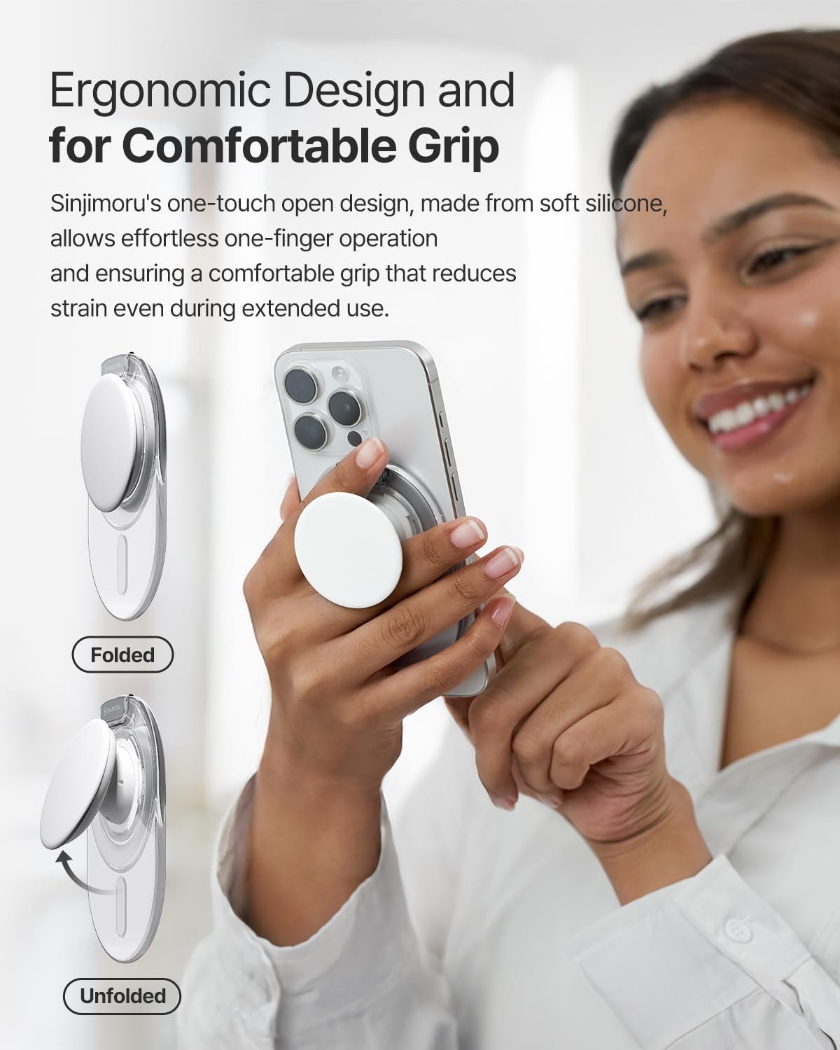 Sinjimoru Phone Grip Stand, Compatible with MagSafe, Adaptor Ring Included, 3000G Kickstand for iPhone 16/15/14/13/12. M-Tap Tok Stand Clear White