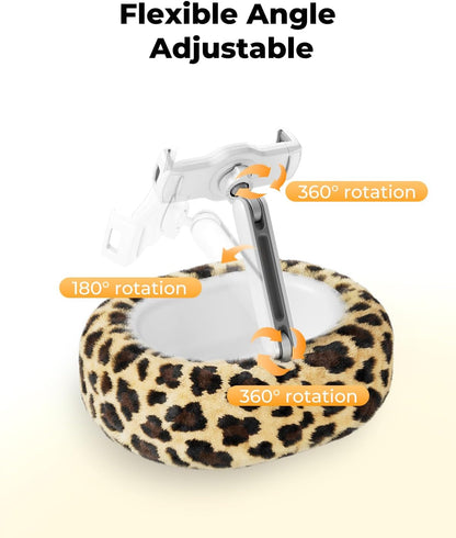 Kindle Pillow Stand with Leopard Print – Soft Tablet Holder with Snack Bowl & Cup Holder, Fuzzy Hands-Free Stand for Bed, Couch, Compatible with Kindle, iPad, Phones (Leopard)