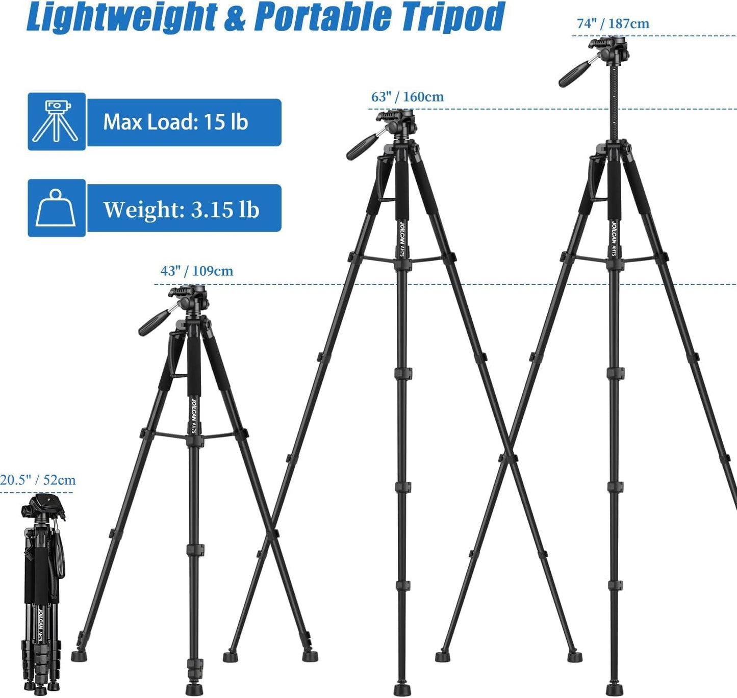 JOILCAN Tripod Camera Tripods, 74" Tripod for Camera Phone Video Recording, Heavy Duty Cameras Tripod Stand, Professional Travel DSLR Tripods Compatible with Canon iPhone, Max Load 15 LB