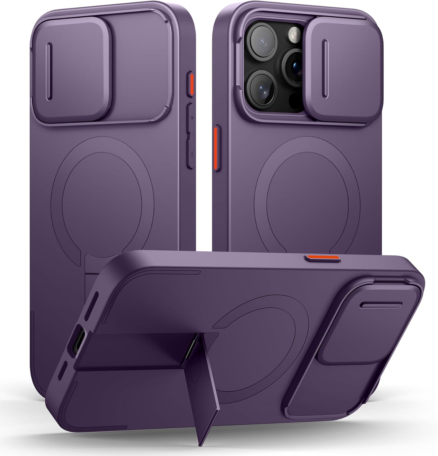 SURITCH for iPhone 15 Pro Max Case with Magnetic Camera Slide Cover and Adjustable Kickstand, Compatible with MagSafe, Shockproof Bumper Case Slim Protective Cover 6.7 Inch, Dark Purple