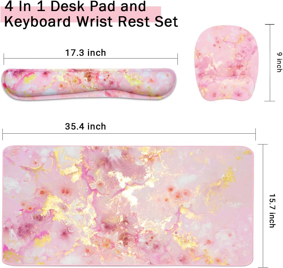 Keyboard Wrist Rest Large Mouse Pad Wrist Support for Computer, 4 in 1 Memory Foam Keyboard Pad Desk Mat Ergonomic Hand Rest Wrist Cushion for Home Office Gaming - Pink Gold