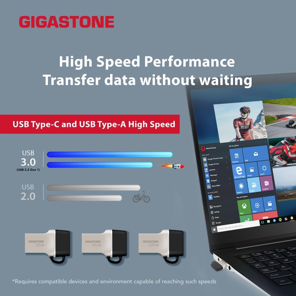 GIGASTONE 128GB Nano Luxus Dual Drive, Z50 USB 3.2 Gen 1, 2-in-1 USB-A & Type-C, 100MB/s Ultra Fast, Cap Design, Metal, Plug & Play for Smartphone/PC/Mac/TV/Car, 2.0/3.0/3.1 Compatible