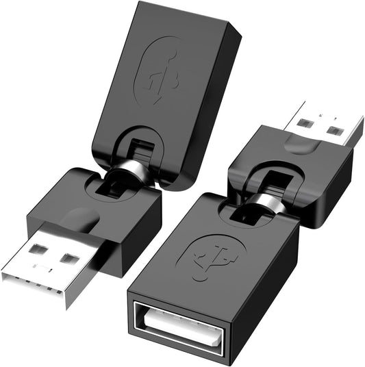 PANPEO 2 Pack USB 90 Degree Adapter, Rotating and Swivel Twist USB 2.0 Type A Male to Type A Female 360 Degre Rotation Adjustable Right Angle Extension Adapter Convertor (Black, AM-FM)