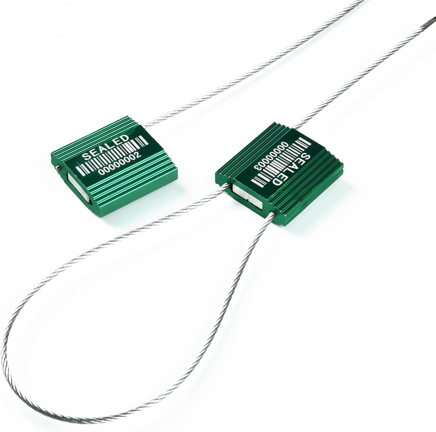 100 Green Steel Cable Seals With Barcode - High Security Numbered Truck Anti-Tamper Pull Tite Tags - Metal Container Shipping Self-Locking Safety Ties ISO 17712